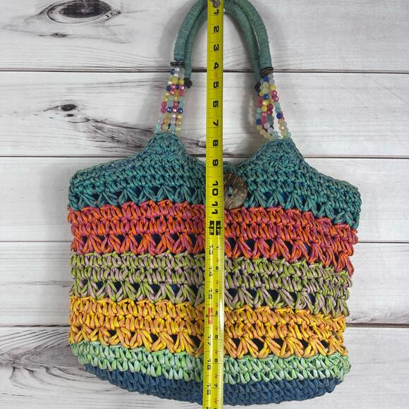 Cappelli Straworld Women's Handbag Tote Beaded Multicolored Wooden Button - Picture 4 of 11